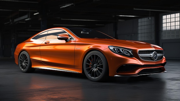 Een oranje mercedes - benz coupé staat geparkeerd in een garage.