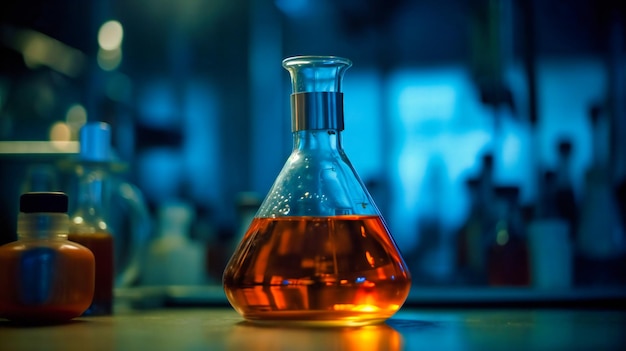 Een oranje oplossing in een wetenschappelijke glazen fles in een laboratorium van een blauwe scheikundeschool die de visuele aantrekkingskracht en het kleurcontrast van wetenschappelijke experimenten laat zien