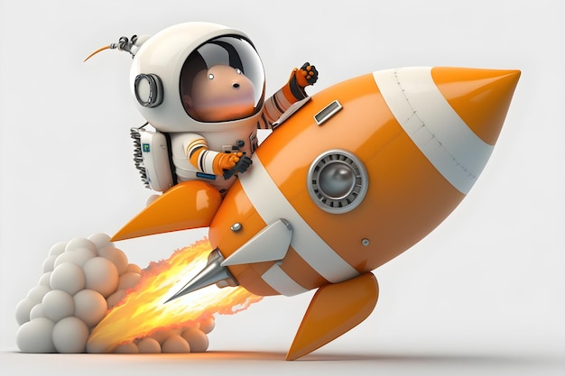 Een oranje raket met daarop een cartoonastronaut.