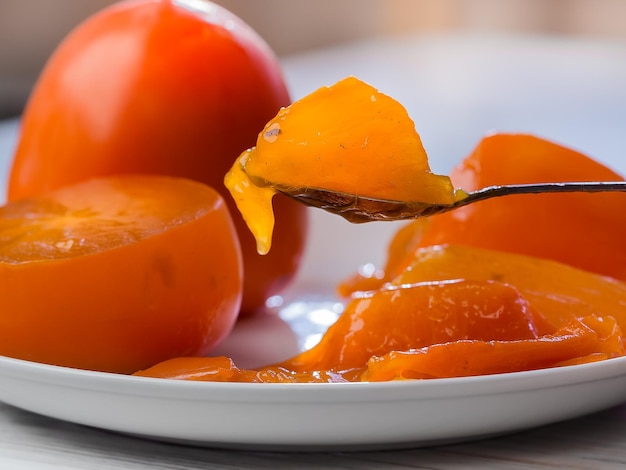 Een oranje rijpe zachte persimmon ligt op een witte plaat klaar om te eten