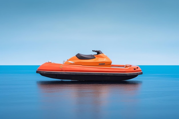 Een oranje speedboot ligt op het water voor een blauwe lucht.