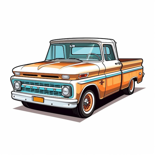 Een oranje-witte vrachtwagen heeft een kentekenplaat waarop Ford staat.