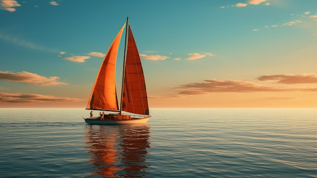 een oranje zeilboot in de zon in de stijl van licht hemelsblauw en bruin