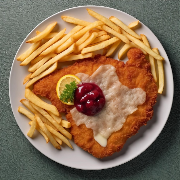 een originele Wiener schnitzel met friet en bosbessen