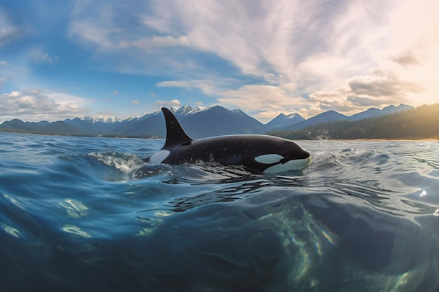 Een orka zwemt in de oceaan met bergen op de achtergrond