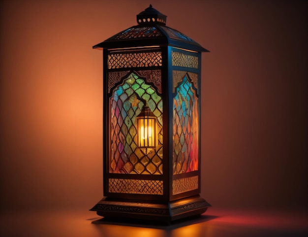 Een ornamentele Arabische lantaarn met kleurrijk glas dat gloeit op een donkere achtergrond een groet voor Ramada