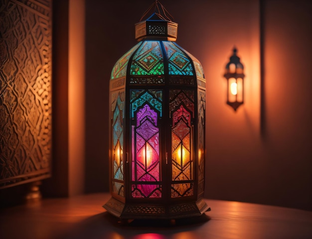 Een ornamentele Arabische lantaarn met kleurrijk glas dat gloeit op een donkere achtergrond een groet voor Ramada