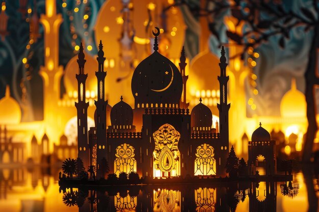 een ornamentele lantaarn met een halve maan op de achtergrond van de silhouet van de moskee's nachts ramadan concept