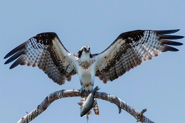 Een osprey die een vis in zijn klauwen grijpt.