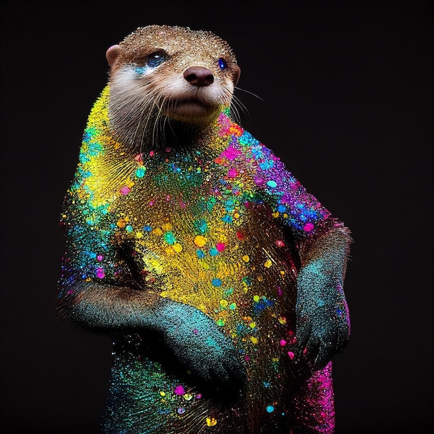 Een otter met veelkleurige glitters op zijn lichaam