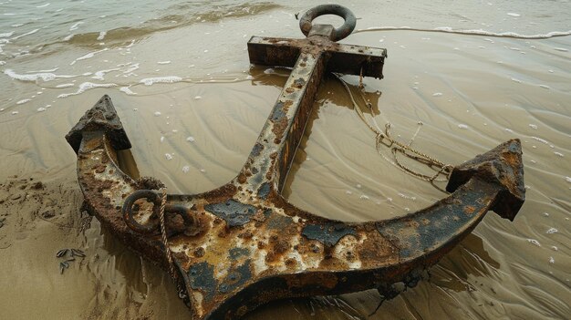 Een oud anker rust op het zandstrand bij het water.