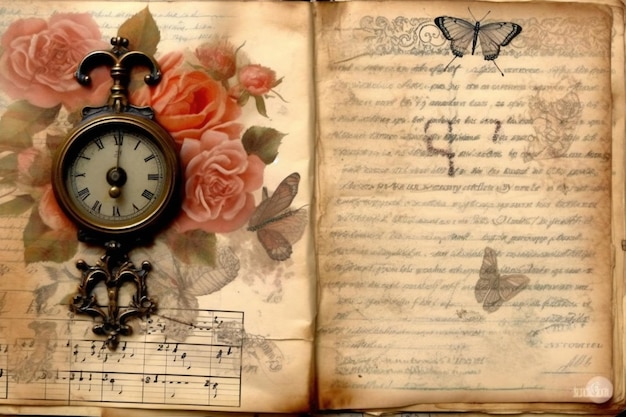 Foto een oud boek met een klok en een vlinder erop.