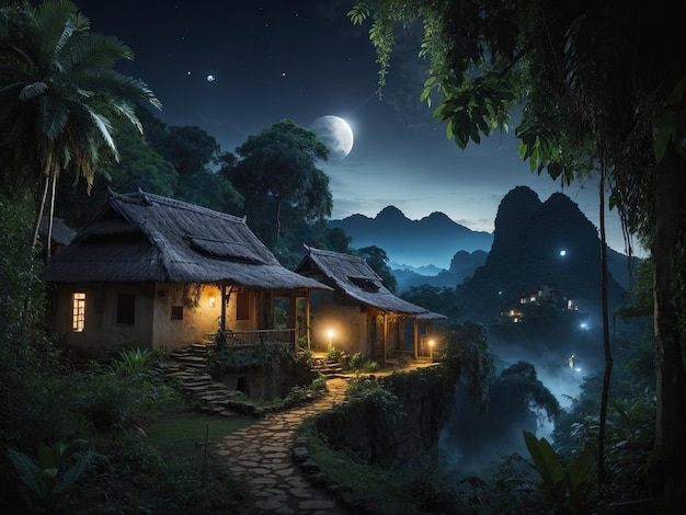 Een oud dorp in een dichte jungle, 's nachts verlicht door kaarslicht, mysterieuze omgeving