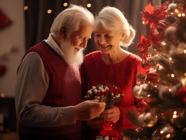 Een oud echtpaar is het versieren van een kerstboom de liefde van de ouderen wintervakantie