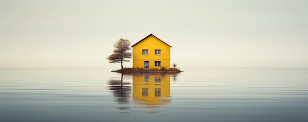 Een oud geel huis aan de rand van het meer of water panorama foto