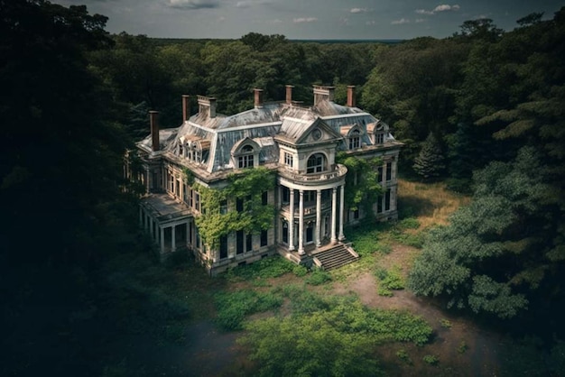 Een oud herenhuis in het bos met klimop op de muren.