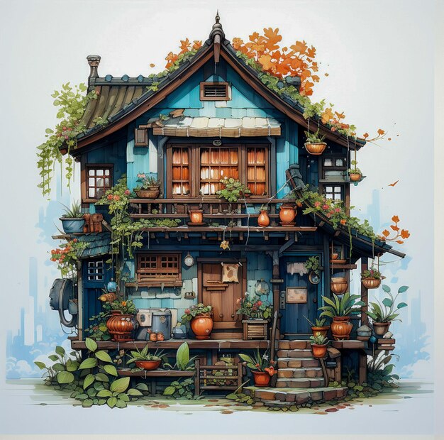 een oud huis omgeven door groene struiken en wijnstokken in de stijl van expressieve mangastijl