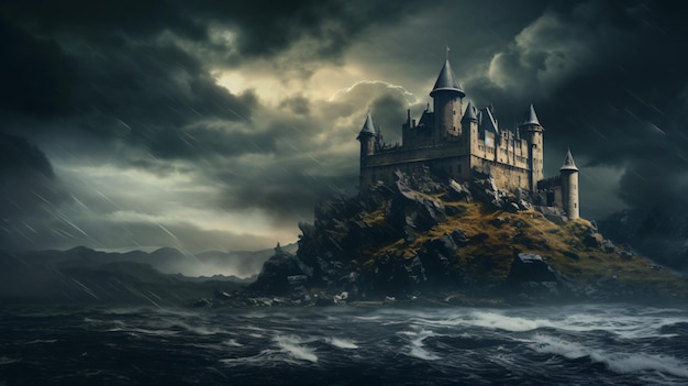 Een oud kasteel in het midden van een donkere stormachtige hemel.