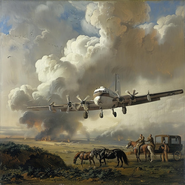 een oud schilderij van een vliegtuig met een man en paarden en een kar met een paard en een kar op de voorgrond