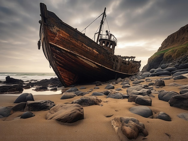 een oud schip op een strand met rotsen en lucht op de achtergrond