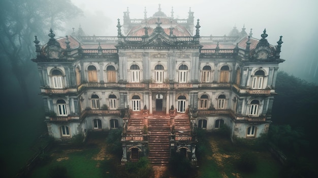 Een oud verlaten gebouw in de mist