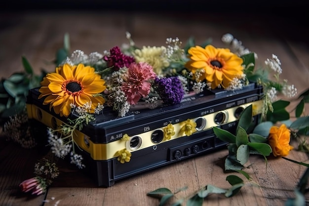 Een oude audiocassette is versierd met bloemen Generatieve AI