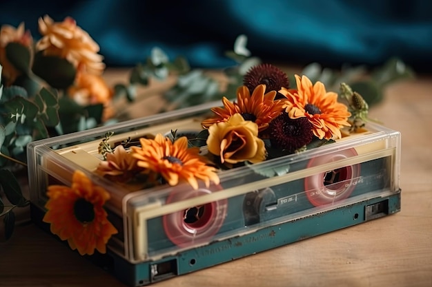 Een oude audiocassette is versierd met bloemen Generatieve AI