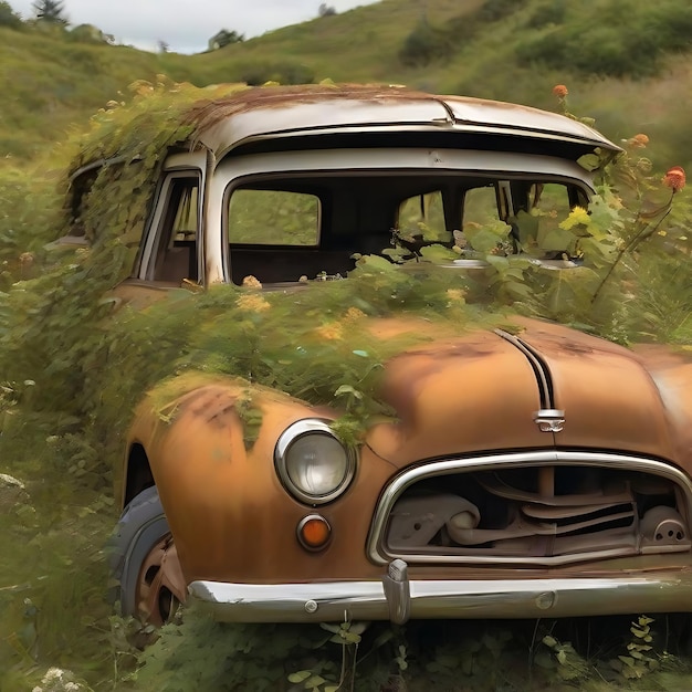 Een oude auto gerost en verlaten in een veld AI