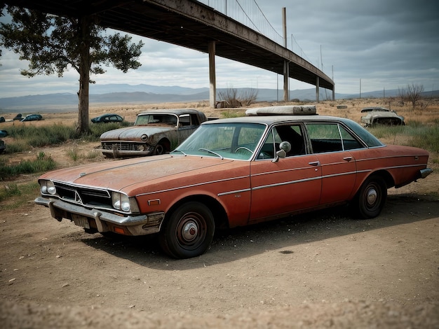 Foto een oude auto in een wereld na de apocalyps