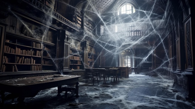 Een oude bibliotheek met spinnenwebben en onverklaarbare geluiden.