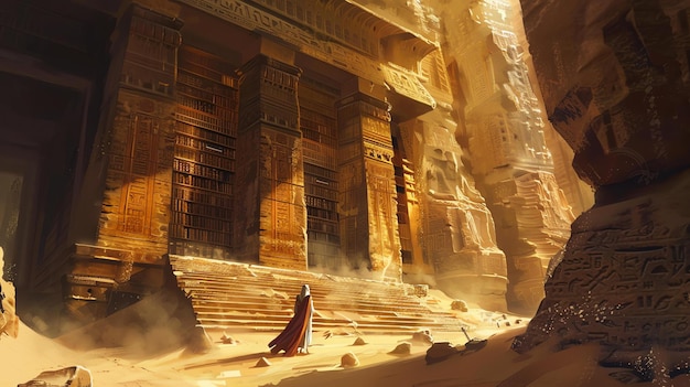 Een oude bibliotheek staat in het midden van een woestijn de bibliotheek is gemaakt van gele steen en heeft grote zuilen voor het