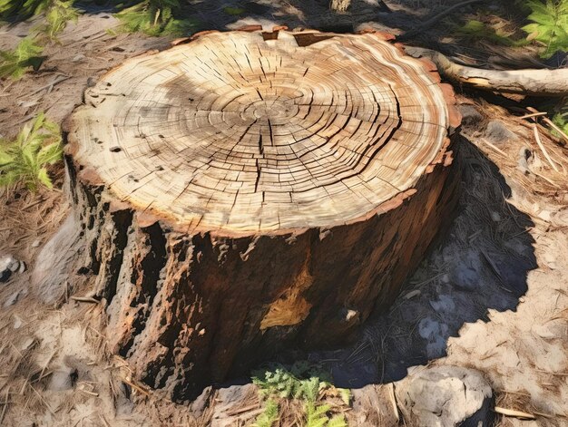 een oude boomstam op de grond in de stijl van cirkelvormige vormen