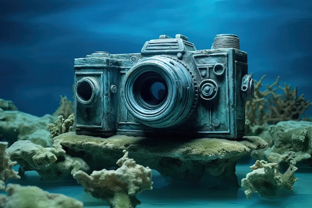 Foto een oude camera op de top van een rots.