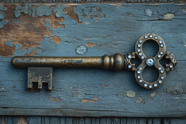 Een oude designersleutel met een slotdecoratie ligt op een houten achtergrond