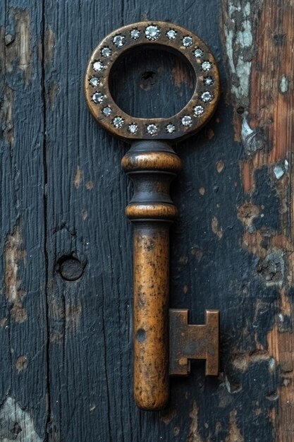 Een oude designersleutel met een slotdecoratie ligt op een houten achtergrond