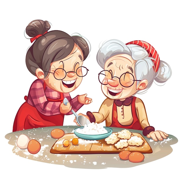 een oude foto van twee vrouwen die eieren koken met een oude dame in een rode trui