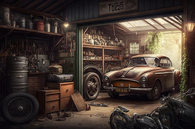 Een oude garage met daarin een oldtimer geparkeerd, omringd door klassieke auto's en memorabilia