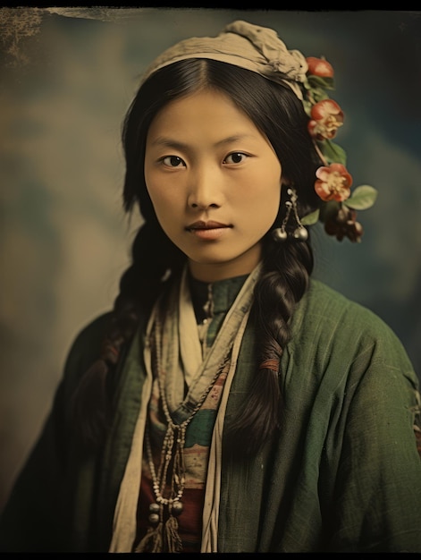 Een oude gekleurde foto van een Aziatische vrouw uit het begin van de 20e eeuw