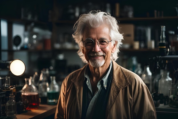 Een oude glimlachende wetenschapper zit in zijn laboratorium.