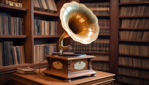 Foto een oude grammofoon met een messinghoorn omringd door planken met vinylplaten