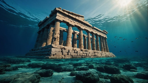 Een oude Griekse tempel is half ondergedompeld in de oceaan
