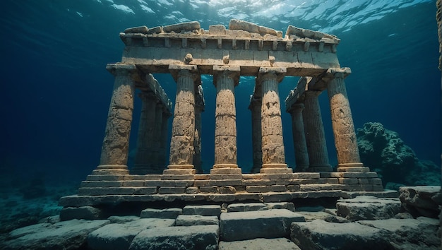 Een oude Griekse tempel is half ondergedompeld in de oceaan