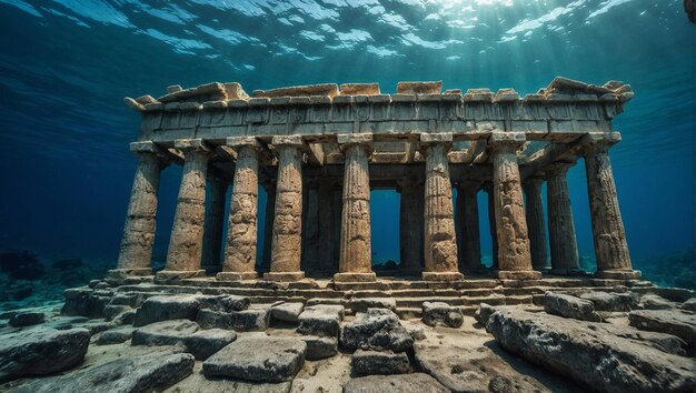 Een oude Griekse tempel is half ondergedompeld in de oceaan