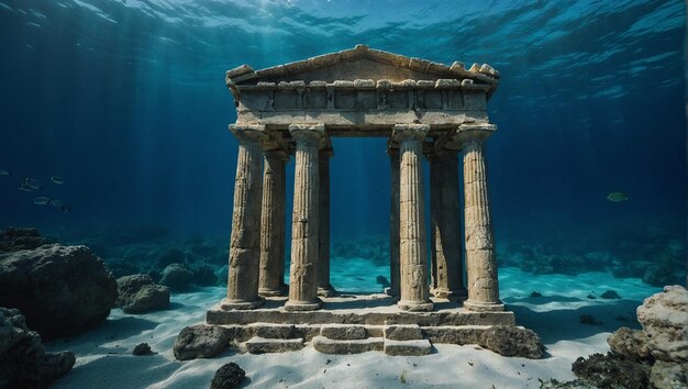 Een oude Griekse tempel is half ondergedompeld in de oceaan