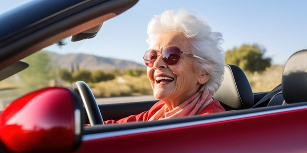 Een oude grootmoeder rijdt in een sportwagen.