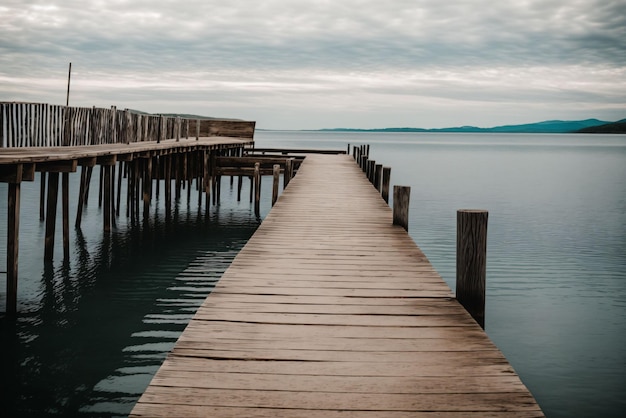 Een oude houten pier die zich uitstrekt in de kalme blauwe zee