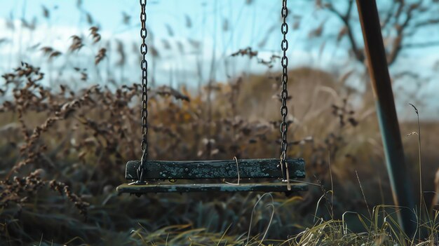 Foto een oude houten schommel hangt aan roestige kettingen in een hoog overgroeid grasveld de schommel is leeg en de kettingen zijn bedekt met roest