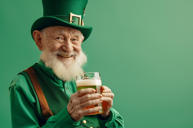 Een oude Ierse man viert Stpatricks Day met Iers bier.