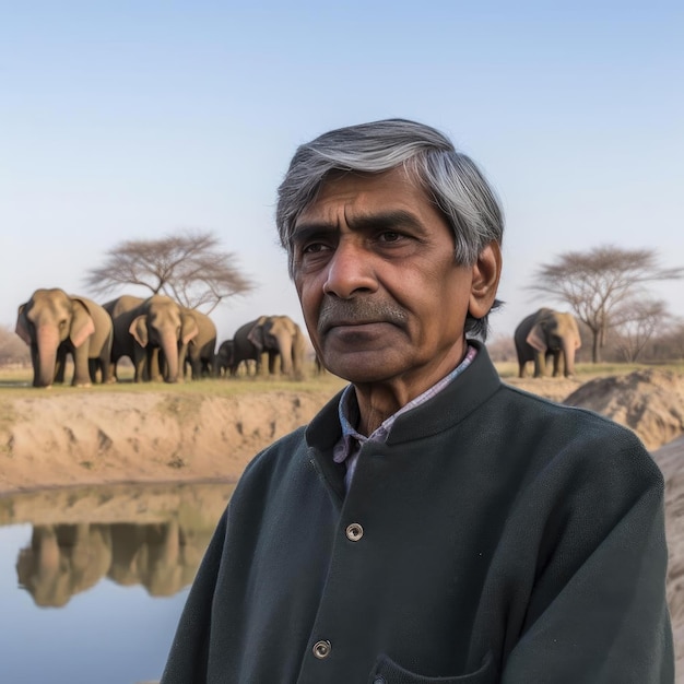 Een oude Indiase man met olifanten op de achtergrond bij een waterpoel