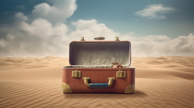 Een oude koffer in de woestijn met het woord reizen erop
